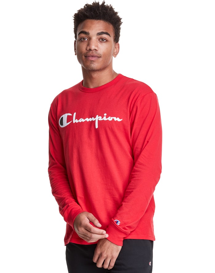 Champion Herre T-Shirts Rød - Long-Sleeve Lightweight Script Logo - Danmark KUZ-178256